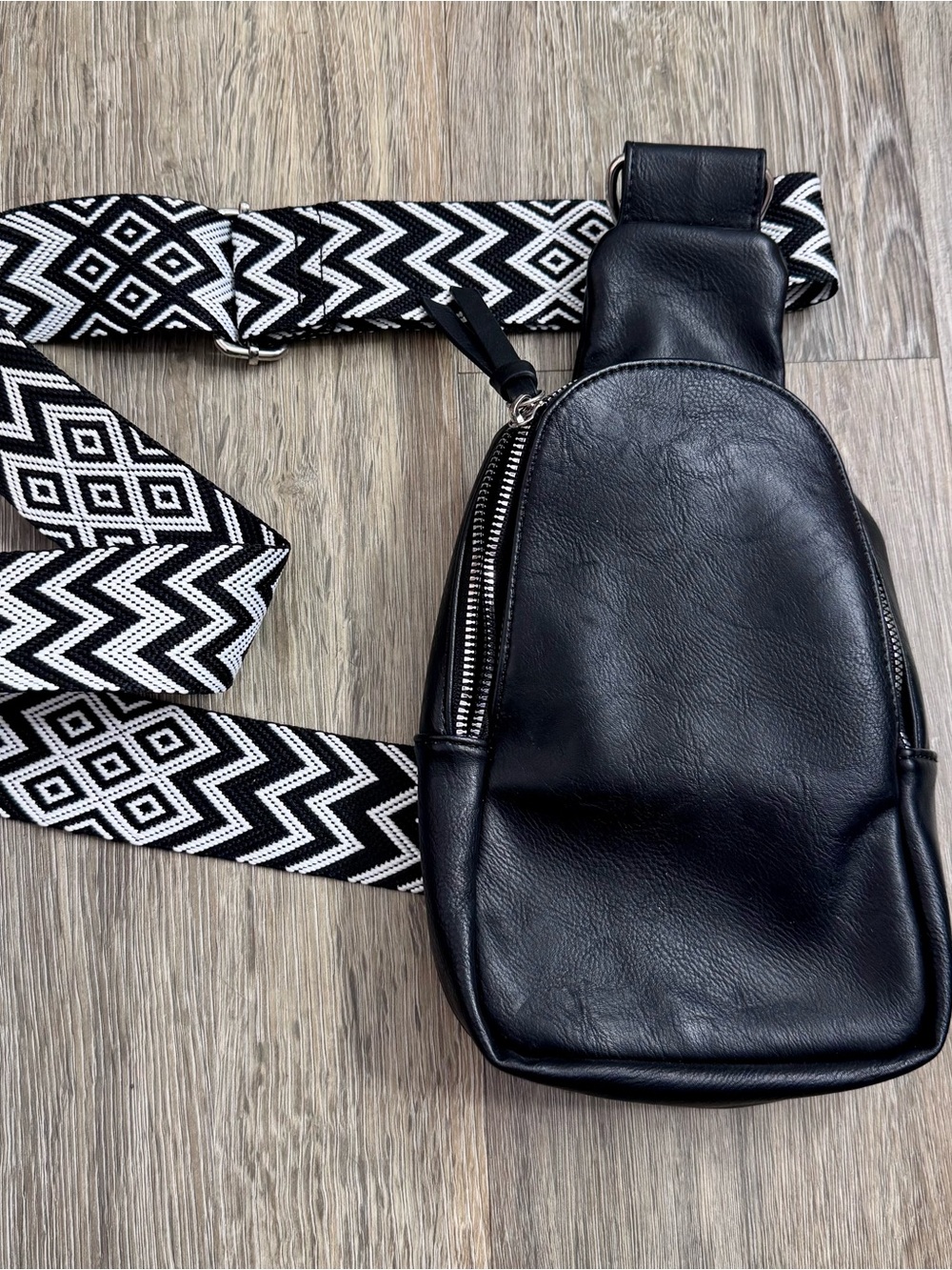 Coco + Carmen Black Crossbody Sling Bag with Black-and-White Patterned Strap